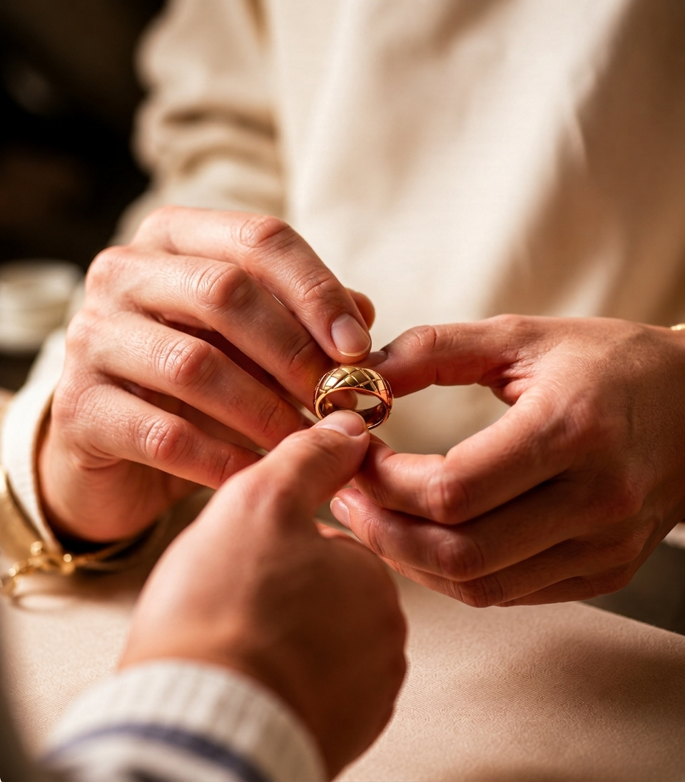 Hands setting a gold ring